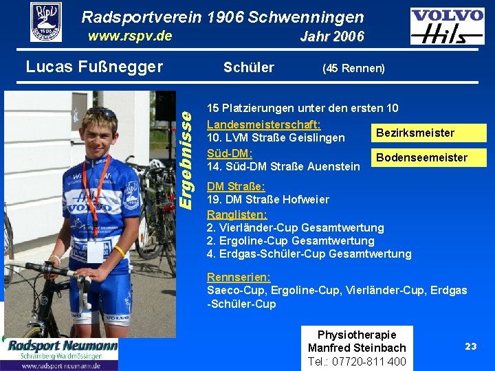 Radsportverein 1906 Schwenningen www. rspv. de Lucas Fußnegger Jahr 2006 Ergebnisse Schüler (45 Rennen)