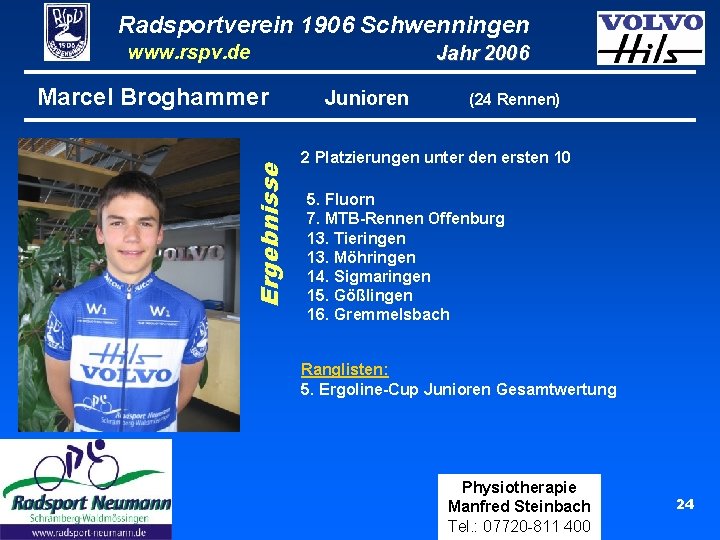 Radsportverein 1906 Schwenningen www. rspv. de Ergebnisse Marcel Broghammer Jahr 2006 Junioren (24 Rennen)