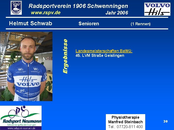 Radsportverein 1906 Schwenningen www. rspv. de Helmut Schwab Jahr 2006 Ergebnisse Senioren (1 Rennen)