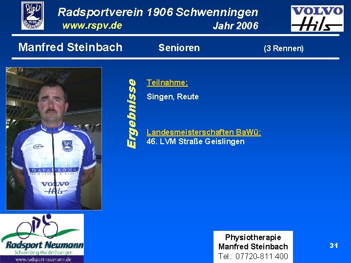 Radsportverein 1906 Schwenningen www. rspv. de Ergebnisse Manfred Steinbach Jahr 2006 Senioren (3 Rennen)