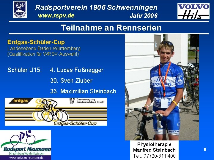 Radsportverein 1906 Schwenningen www. rspv. de Jahr 2006 Teilnahme an Rennserien Erdgas-Schüler-Cup Landesebene Baden-Württemberg