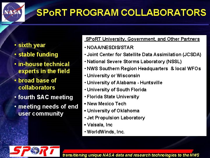 SPo. RT PROGRAM COLLABORATORS SPo. RT University, Government, and Other Partners • sixth year