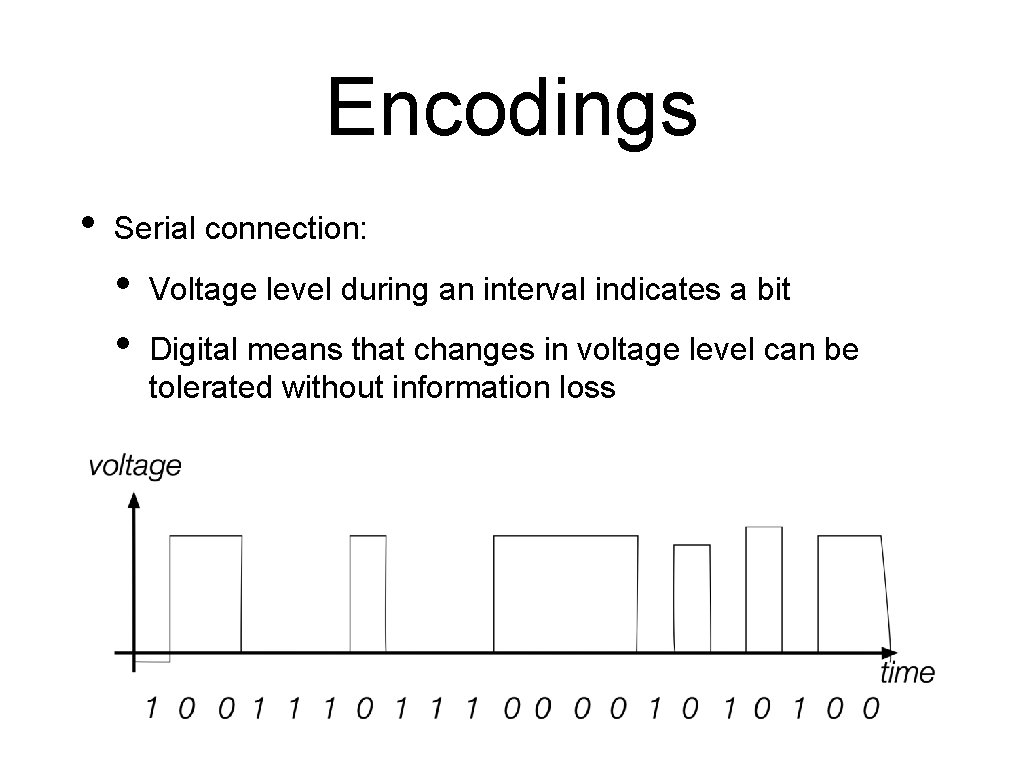 Encodings • Serial connection: • • Voltage level during an interval indicates a bit