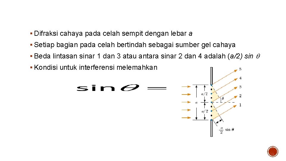 Difraksi celah sempit § Difraksi cahaya pada celah sempit dengan lebar a § Setiap