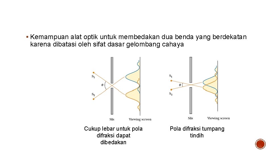 Resolusi celah tunggal & celah lingkaran § Kemampuan alat optik untuk membedakan dua benda