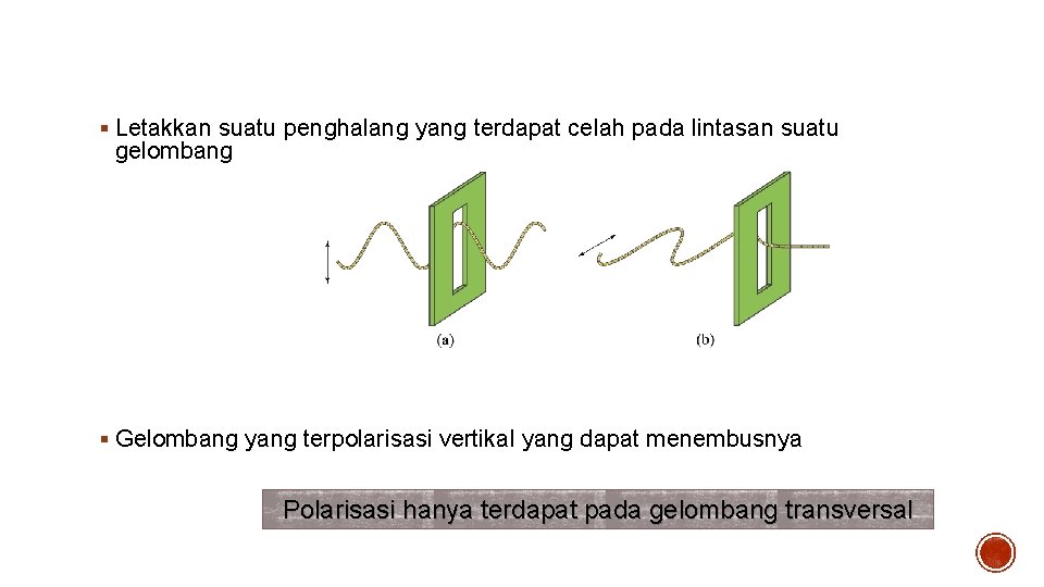 Polarisasi § Letakkan suatu penghalang yang terdapat celah pada lintasan suatu gelombang § Gelombang