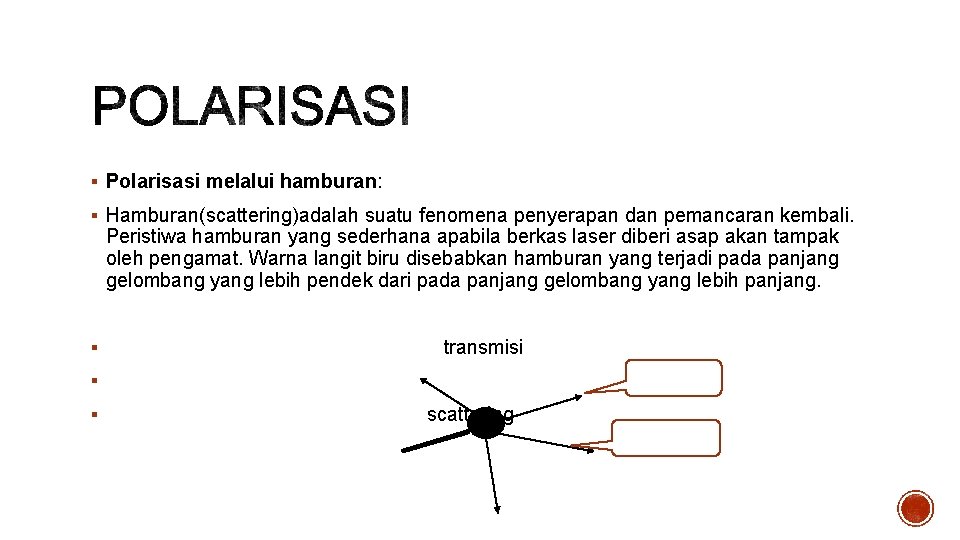 § Polarisasi melalui hamburan: § Hamburan(scattering)adalah suatu fenomena penyerapan dan pemancaran kembali. Peristiwa hamburan