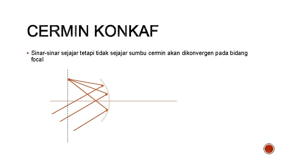 § Sinar-sinar sejajar tetapi tidak sejajar sumbu cermin akan dikonvergen pada bidang focal 