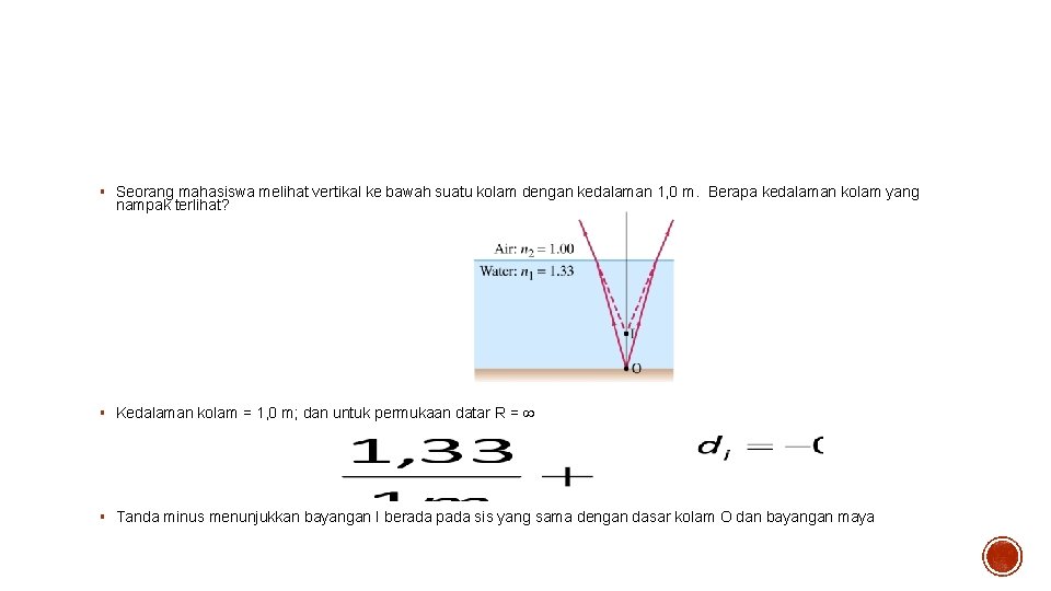 Contoh § Seorang mahasiswa melihat vertikal ke bawah suatu kolam dengan kedalaman 1, 0