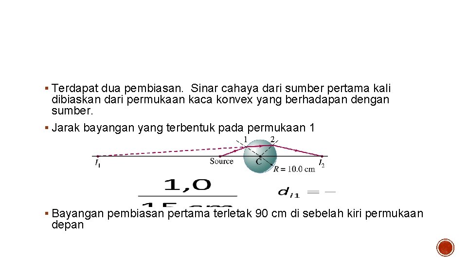 Solusi § Terdapat dua pembiasan. Sinar cahaya dari sumber pertama kali dibiaskan dari permukaan