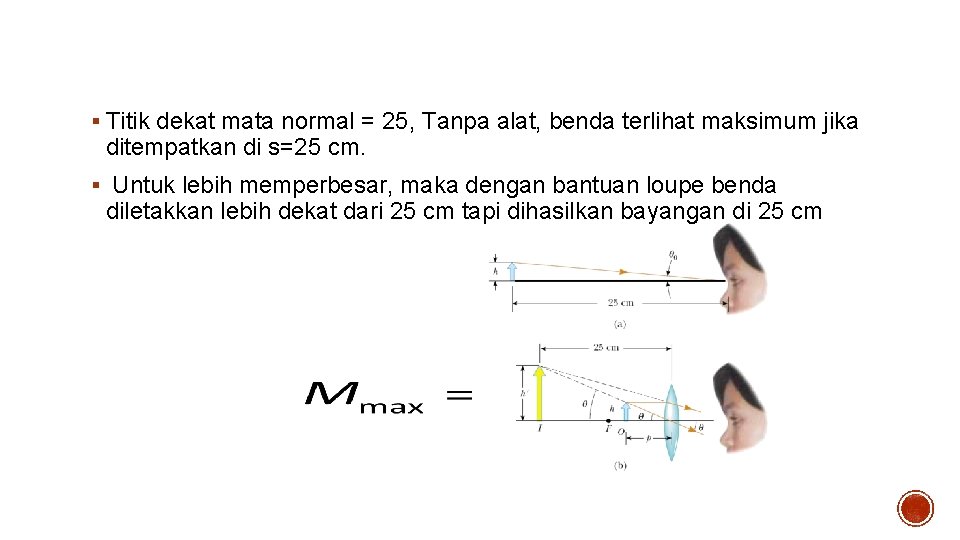 KACA PEMBESAR § Titik dekat mata normal = 25, Tanpa alat, benda terlihat maksimum