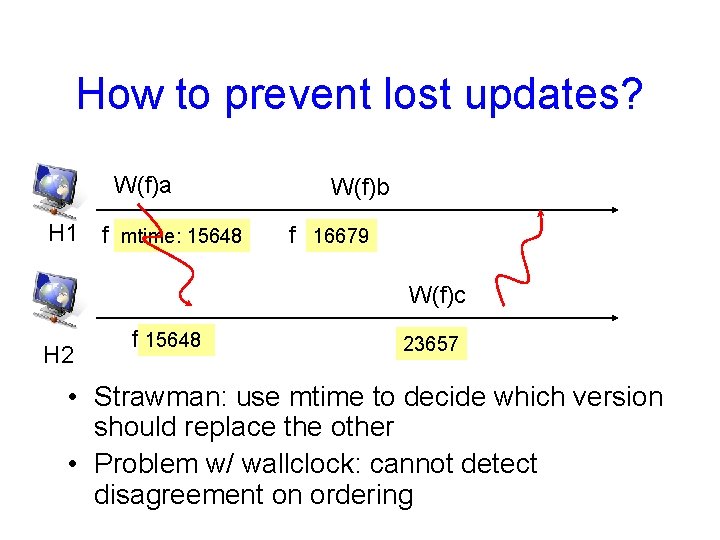 How to prevent lost updates? W(f)a H 1 f mtime: 15648 W(f)b f 16679