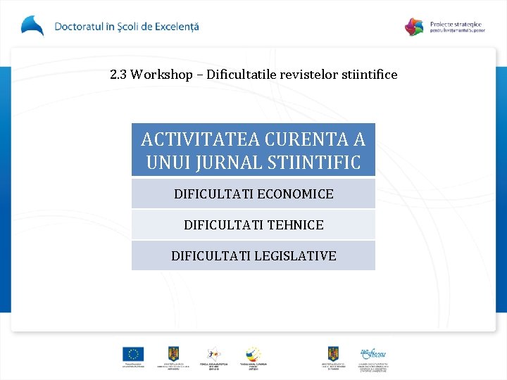 2. 3 Workshop – Dificultatile revistelor stiintifice ACTIVITATEA CURENTA A UNUI JURNAL STIINTIFIC DIFICULTATI