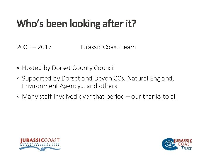 Who’s been looking after it? 2001 – 2017 Jurassic Coast Team ◦ Hosted by