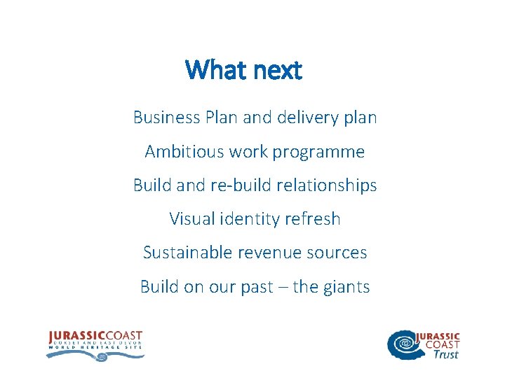 What next Business Plan and delivery plan Ambitious work programme Build and re-build relationships