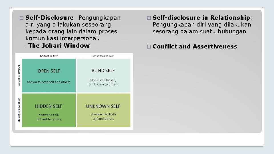 � Self-Disclosure: Pengungkapan diri yang dilakukan seseorang kepada orang lain dalam proses komunikasi interpersonal.