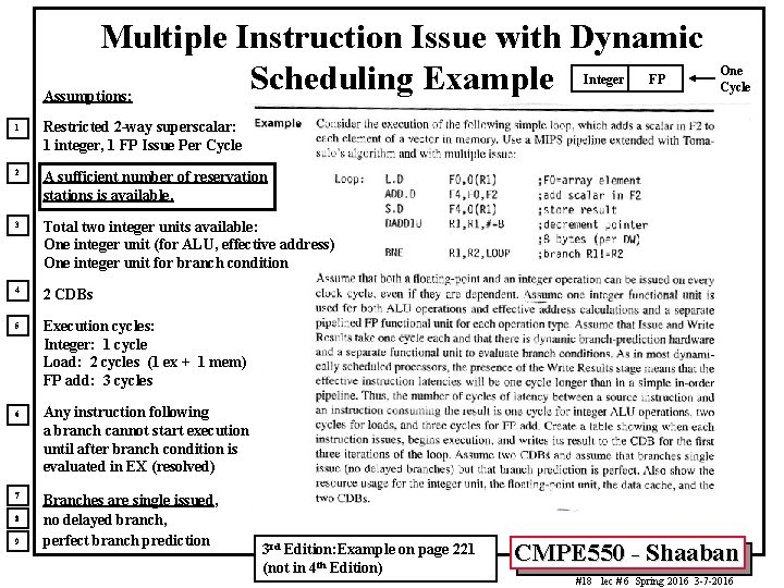 Multiple Instruction Issue with Dynamic Scheduling Example Assumptions: Integer 1 Restricted 2 -way superscalar: