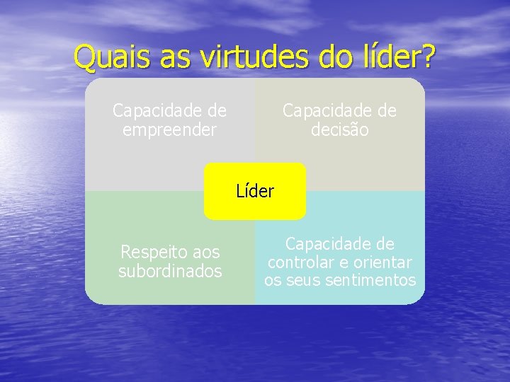 Quais as virtudes do líder? Capacidade de empreender Capacidade de decisão Líder Respeito aos