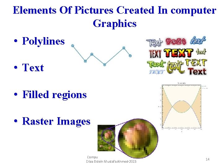 Elements Of Pictures Created In computer Graphics • Polylines • Text • Filled regions