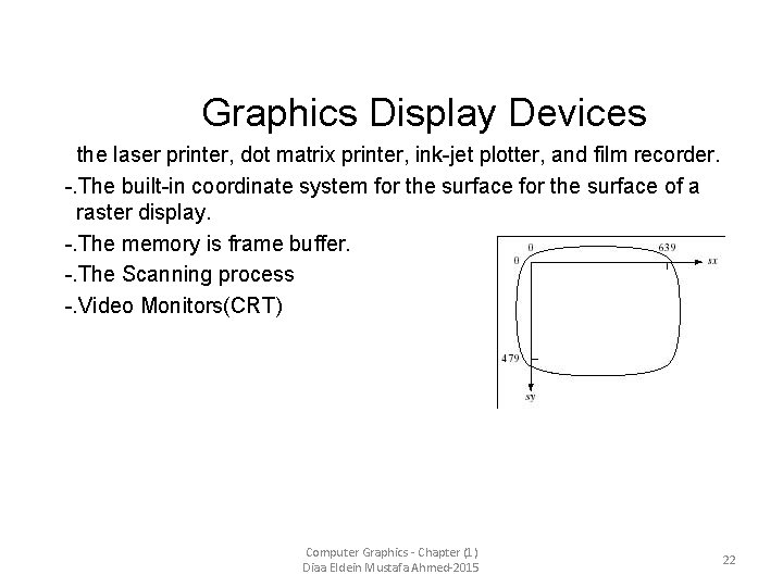 Graphics Display Devices the laser printer, dot matrix printer, ink-jet plotter, and film recorder.
