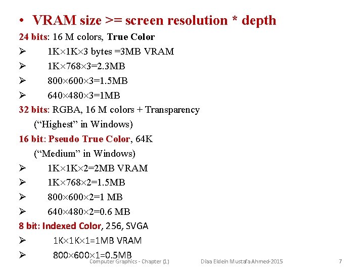  • VRAM size >= screen resolution * depth 24 bits: 16 M colors,