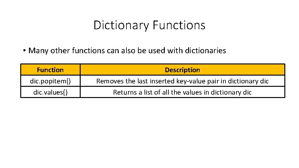 Dictionary Functions • Many other functions can also be used with dictionaries Function dic.