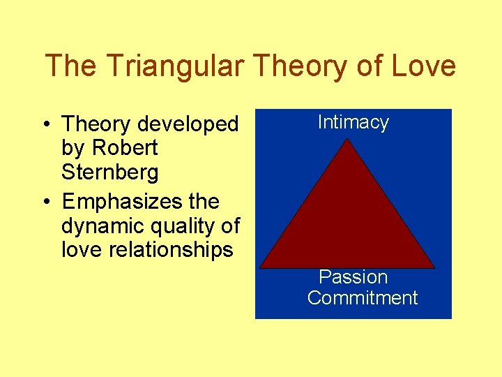 The Triangular Theory of Love • Theory developed by Robert Sternberg • Emphasizes the