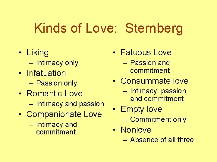 Kinds of Love: Sternberg • Liking – Intimacy only • Infatuation – Passion only