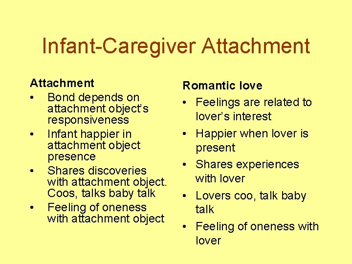 Infant-Caregiver Attachment • Bond depends on attachment object’s responsiveness • Infant happier in attachment