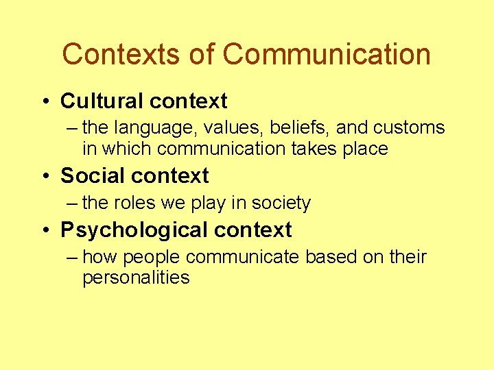 Contexts of Communication • Cultural context – the language, values, beliefs, and customs in