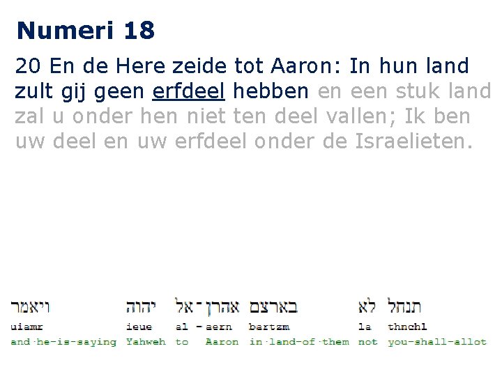 Numeri 18 20 En de Here zeide tot Aaron: In hun land zult gij