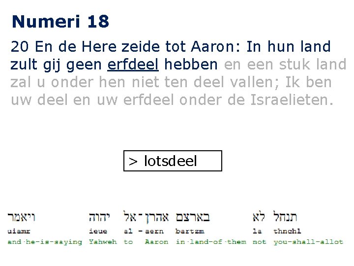 Numeri 18 20 En de Here zeide tot Aaron: In hun land zult gij