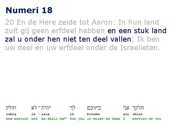 Numeri 18 20 En de Here zeide tot Aaron: In hun land zult gij