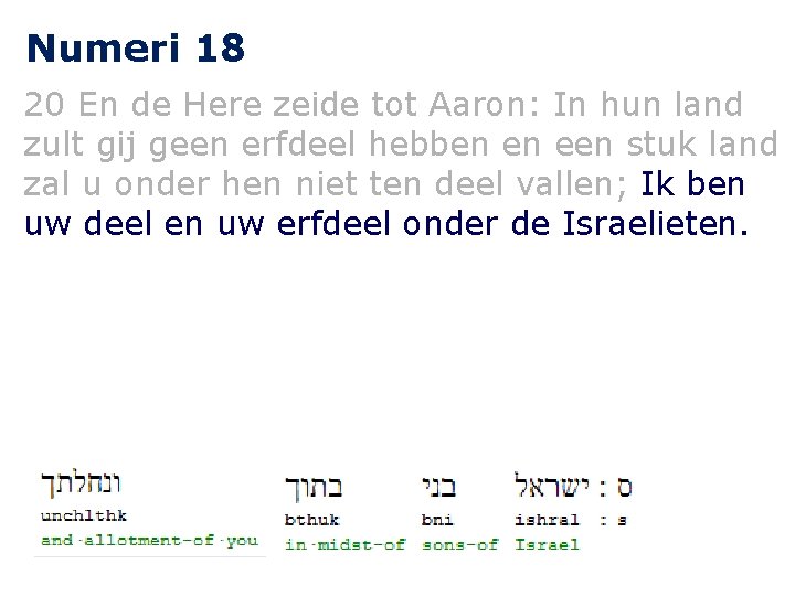 Numeri 18 20 En de Here zeide tot Aaron: In hun land zult gij