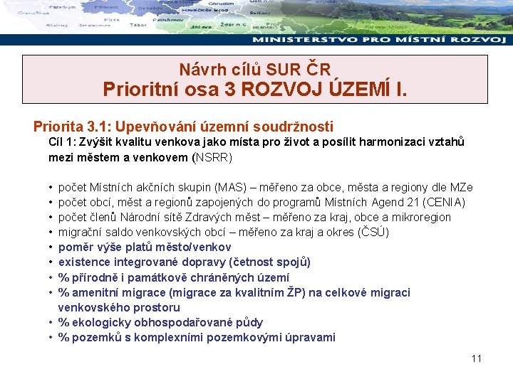 Návrh cílů SUR ČR Prioritní osa 3 ROZVOJ ÚZEMÍ I. Priorita 3. 1: Upevňování