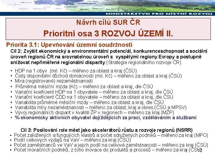 Návrh cílů SUR ČR Prioritní osa 3 ROZVOJ ÚZEMÍ II. Priorita 3. 1: Upevňování