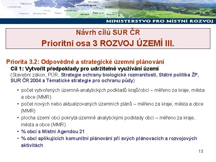 Návrh cílů SUR ČR Prioritní osa 3 ROZVOJ ÚZEMÍ III. Priorita 3. 2: Odpovědné