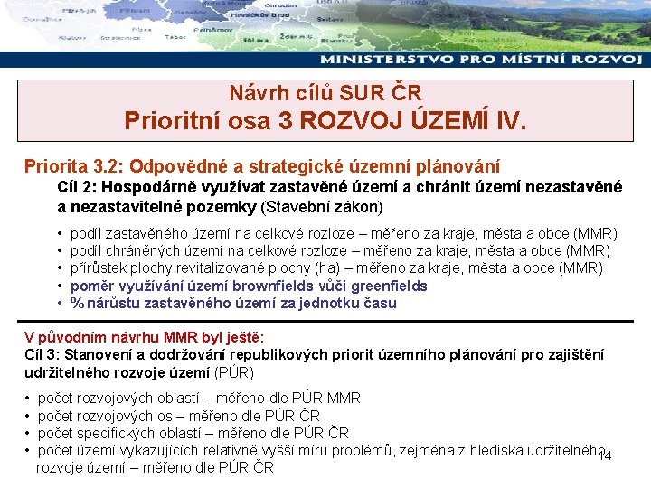 Návrh cílů SUR ČR Prioritní osa 3 ROZVOJ ÚZEMÍ IV. Priorita 3. 2: Odpovědné
