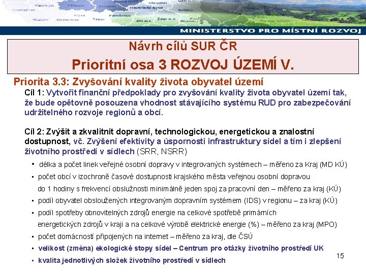 Návrh cílů SUR ČR Prioritní osa 3 ROZVOJ ÚZEMÍ V. Priorita 3. 3: Zvyšování