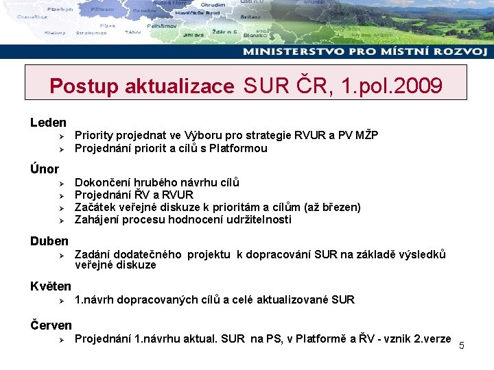 Postup aktualizace SUR ČR, 1. pol. 2009 Leden Ø Ø Priority projednat ve Výboru