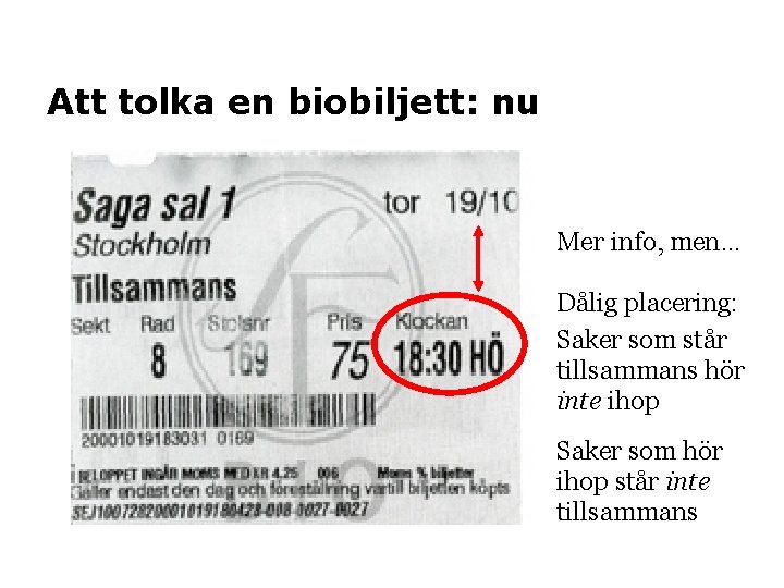 Att tolka en biobiljett: nu Mer info, men… Dålig placering: Saker som står tillsammans