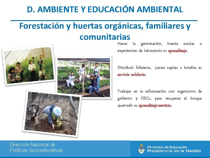 D. AMBIENTE Y EDUCACIÓN AMBIENTAL Forestación y huertas orgánicas, familiares y comunitarias Hacer la