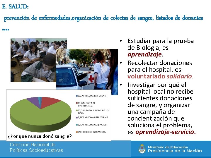 E. SALUD: prevención de enfermedades, organización de colectas de sangre, listados de donantes ….