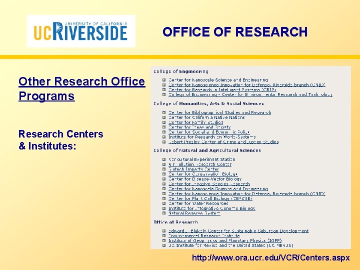 OFFICE OF RESEARCH Other Research Office Programs Research Centers & Institutes: http: //www. ora.