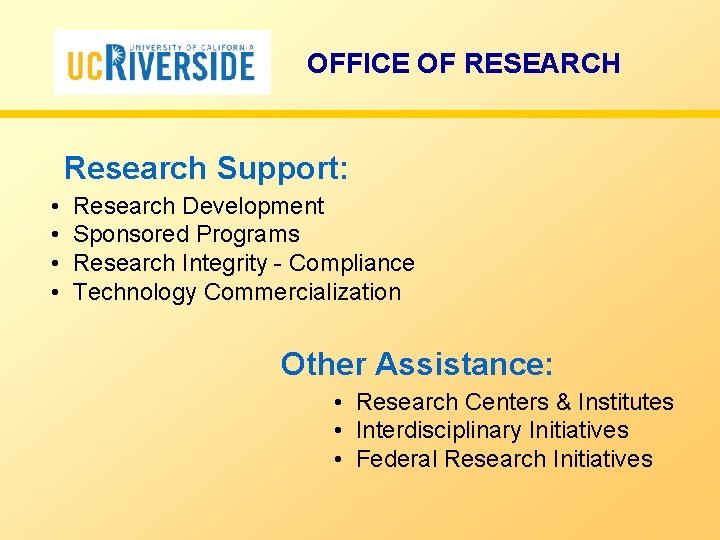 OFFICE OF RESEARCH Research Support: • • Research Development Sponsored Programs Research Integrity -