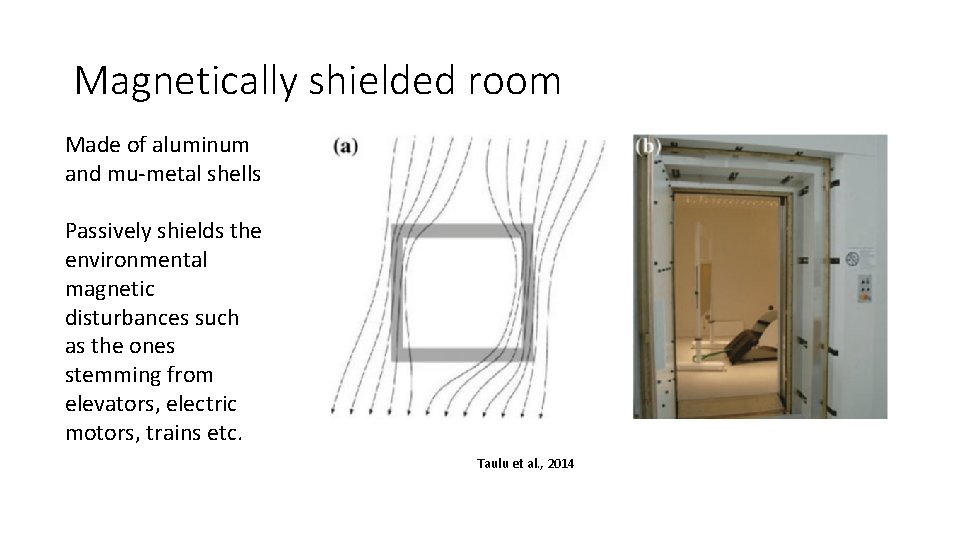 Magnetically shielded room Made of aluminum and mu-metal shells Passively shields the environmental magnetic