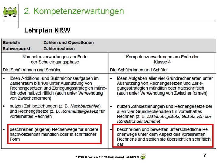 2. Kompetenzerwartungen Lehrplan NRW November 2010 © PIK AS (http: //www. pikas. dzlm. de)