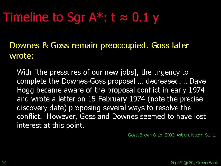Timeline to Sgr A*: t ≈ 0. 1 y Downes & Goss remain preoccupied.