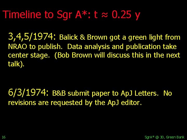 Timeline to Sgr A*: t ≈ 0. 25 y 3, 4, 5/1974: Balick &