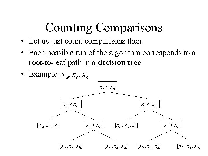 Counting Comparisons • Let us just count comparisons then. • Each possible run of